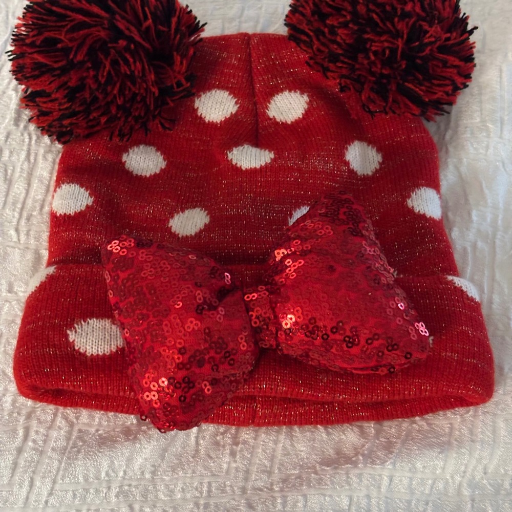 Disney Minnie Mouse Beanie Girls OSFM Red Excellent Polka Dot Sequin Bow Pom Pom